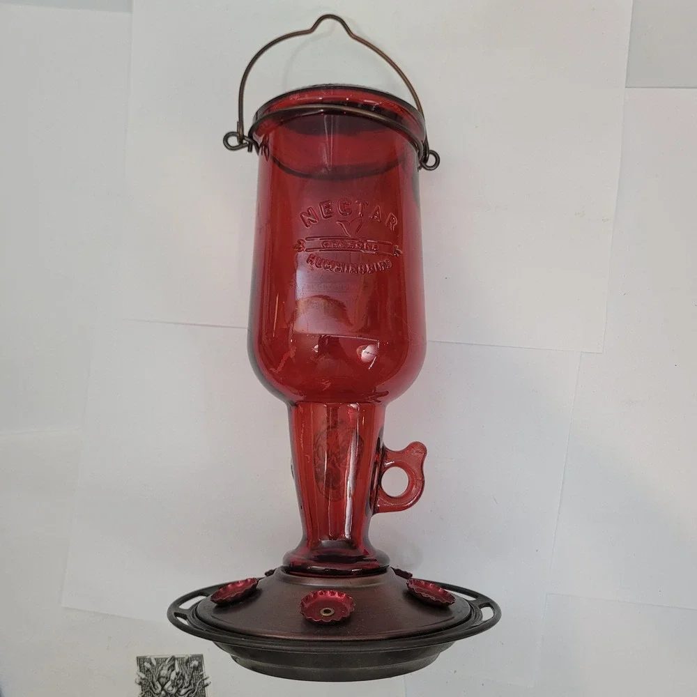 CB & Sons Nectar Hummingbird Feeder Red Glass Metal Vintage Hanging Outdoor 20oz